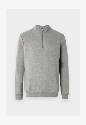 Grijze fleece pullover met een hoge kraag en een halve ritssluiting. Heeft lange mouwen en geribbelde boorden en zoom voor een gestructureerde afwerking.