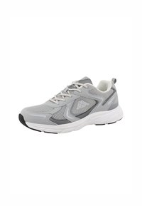 Grauer Sportschuh mit einem Obermaterial aus Mesh, weißer Sohle und schwarzen Akzenten. Schnürdesign mit gepolstertem Kragen und Ferse für Komfort.