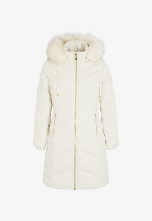 Lang hvid polstret vinterjakke med frontlynlås, to lynlåslommer og hætte med blød pelskant og snore.