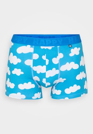 Modré boxerské trenýrky s bílým vzorem oblaků. Elastický pas s vyraženým nápisem "HAPPY". Měkká, pružná tkanina s hladkou texturou.