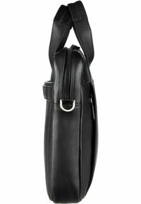 Schwarze Lederhandtasche mit schlanker Form, einem Reißverschluss oben, doppelten Griffen und einem silbernen Hardwareakzent. Glatte Textur und minimalistisches Design.