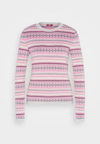 Pull en tricot à manches longues avec un motif géométrique rose, gris et blanc, doté d'un col rond et de poignets et d'un ourlet côtelés.