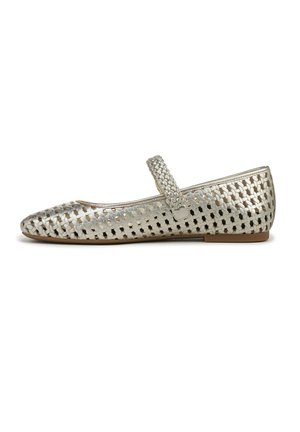 Silver woven ballet flat with a textured, open weave design and ankle strap. Features a pointed toe and flat sole for comfort.