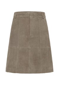 Brauner Wildleder-Rock in A-Linie mit einer glatten Textur, verdecktem Reißverschluss und Paneel-Details für zusätzlichen visuellen Reiz.