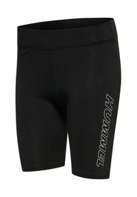 Shorts de sport noirs ajustés avec une large ceinture et le logo « HUMMEL » en blanc sur la cuisse gauche.