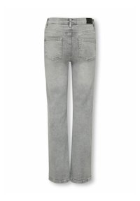 Grå denim jeans med rett benpassform, som har mid-rise midje, to baklommer og en teksturert overflate. Svart etikett på midjen.