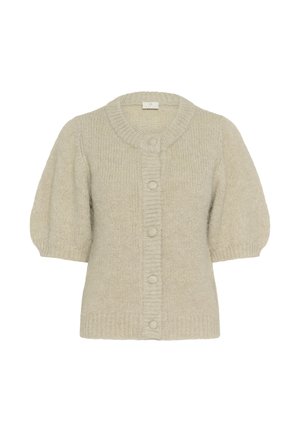Cardigan beige en tricot à manches courtes avec col rond, poignets et ourlet côtelés, et cinq boutons recouverts à l'avant.