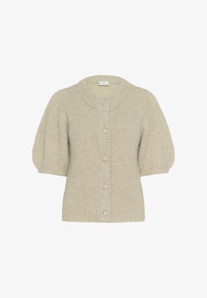 Beige gestrickte Kurzarm-Cardigan mit runder Ausschnitt, gerippten Säumen und fünf verdeckten Knöpfen auf der Vorderseite.