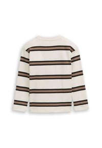 Langarmshirt in crème met zwarte en bruine horizontale strepen. Gemaakt van zachte stof, met een ronde halslijn en een ontspannen pasvorm.
