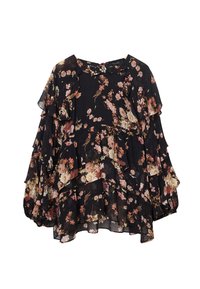 Blusa nera floreale con maniche a volants a strati. Presenta un delicato motivo floreale rosa e arancione su tessuto trasparente. Collo rotondo.