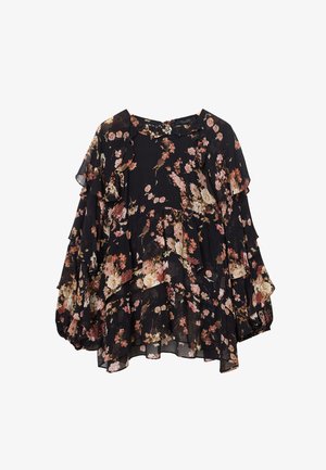 Blouse noire à motifs floraux avec des manches à volants à niveaux. Présente un délicat motif floral rose et orange sur un tissu transparent. Encolure ronde.