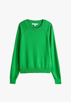 Hanorac verde cu guler rotund, mâneci raglan lungi, manșete și tiv tricotate, realizat dintr-o țesătură moale cu textură netedă.