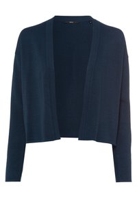 Navy blue knitted cardigan with an open front, textured fabric, long sleeves, and a relaxed fit. Features a small brand tag inside.