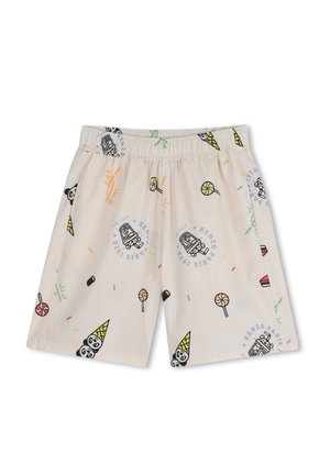 Shorts beige avec taille élastique, décorés de bonbons colorés, cornets de glace, visages de panda et motifs de texte "KENZO PARIS 1970".