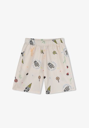 Beige korte broek met elastische tailleband, versierd met kleurrijke snoepjes, ijsjes, panda gezichten en de tekstpatronen "KENZO PARIS 1970".