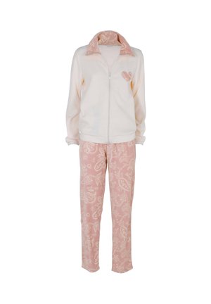 Giacca con cerniera in pile rosa chiaro con colletto a motivo e dettaglio a forma di cuore; abbinata a pantaloni pigiama rosa con motivo coordinato.
