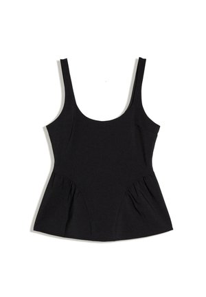 Top noir sans manches avec larges bretelles et taille ajustée, avec des détails subtils froncés sur les côtés inférieurs.