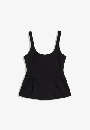 Top noir sans manches avec larges bretelles et taille ajustée, avec des détails subtils froncés sur les côtés inférieurs.