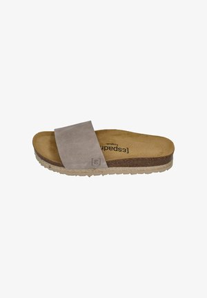 Beige suede slide sandal with cork sole and flat braided trim, cushioned footbed, single wide strap across the top.