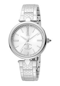 Orologio d'argento con quadrante rotondo, dial bianco, decorazioni in cristallo e un bracciale in acciaio inossidabile con motivo a nido d'ape.