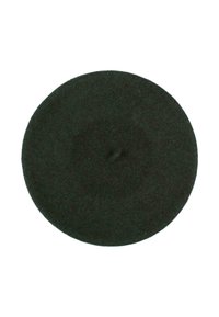 Beret de fetru de culoare verde închis, de formă rotundă cu o suprafață texturată și un buton mic în centru. Marginile sunt netede, fără modele sau accente vizibile.
