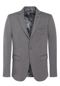 Blazer grigio a righe con rever a punta, chiusura a un bottone, due tasche frontali e rivestimento interno a motivo nero.