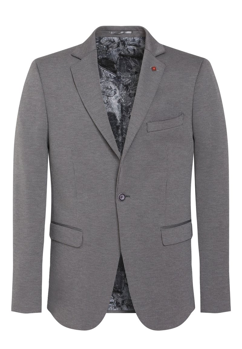 Blazer grigio a righe con rever a punta, chiusura a un bottone, due tasche frontali e rivestimento interno a motivo nero.