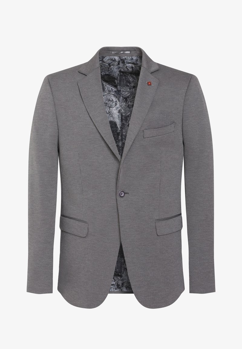Blazer grigio a righe con rever a punta, chiusura a un bottone, due tasche frontali e rivestimento interno a motivo nero.