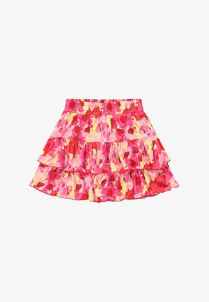 Bloemenrok met lagen in roze en gele tinten, met een gerimpeld ontwerp en een elastische tailleband, gemaakt van lichtgewicht stof.