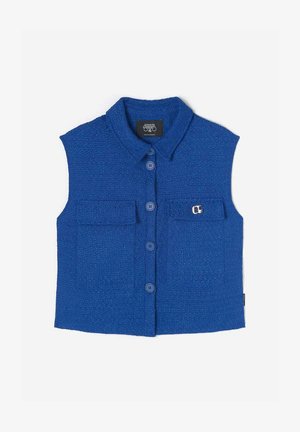Blue knitted vest with a collar, featuring four front pockets and a button closure. Textured fabric adds visual interest.