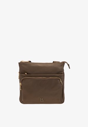Brun nylon crossbody taske med en lynlåset hovedrum, frontlomme med lynlås og præget 'B' detalje. Guld hardware accenter.