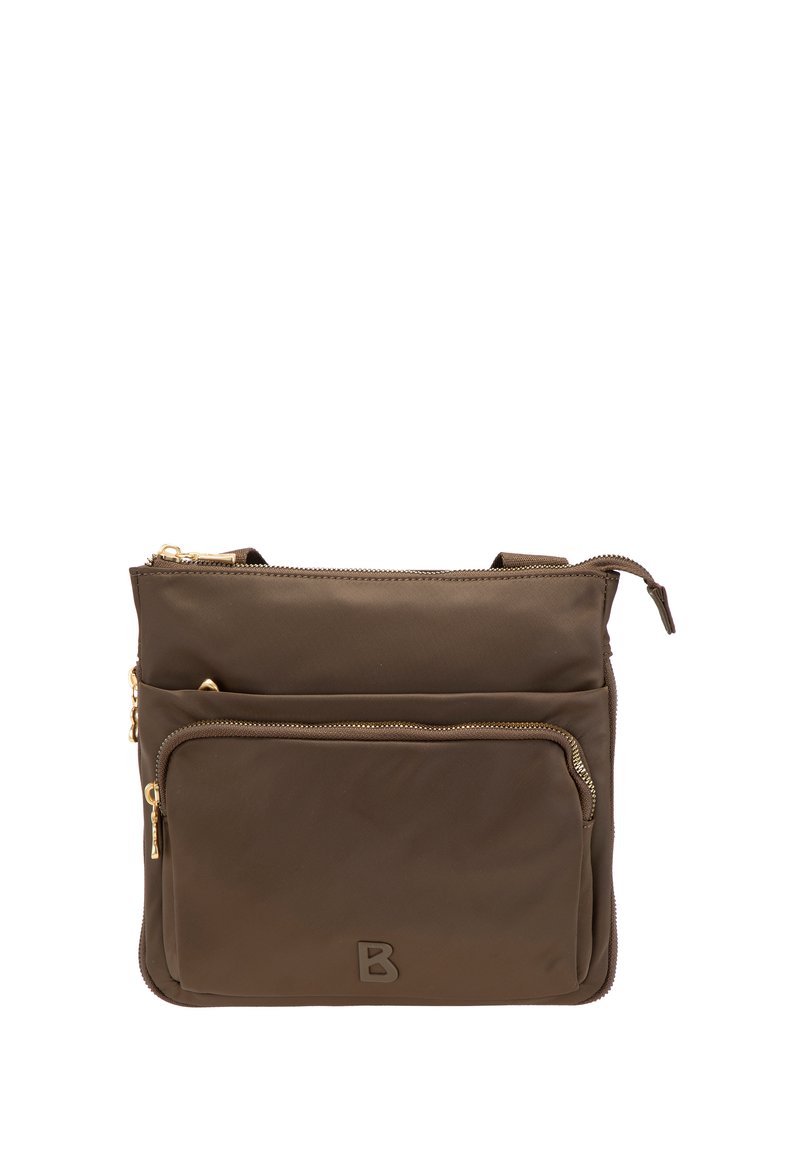 Brun nylon crossbody-väska med ett zip-försett huvudfack, framficka med dragkedja och präglad bokstav "B"-detalj. Guldfärgad hårdvara.