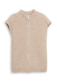 Beige gebreide sweatervest met korte mouwen, geribbelde textuur en een kwart-rits sluiting bij de kraag. Zacht, lichtgewicht stof.