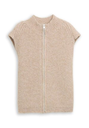 Beige gebreide sweatervest met korte mouwen, geribbelde textuur en een kwart-rits sluiting bij de kraag. Zacht, lichtgewicht stof.