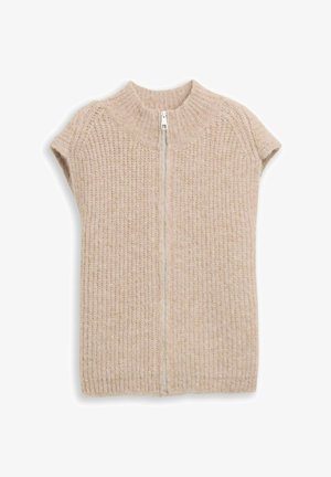 Beige gebreide sweatervest met korte mouwen, geribbelde textuur en een kwart-rits sluiting bij de kraag. Zacht, lichtgewicht stof.