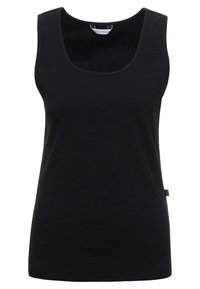 Top sin mangas negro hecho de algodón con canalé. Presenta un escote redondeado, forma ajustada y una pequeña etiqueta de marca en el lateral.