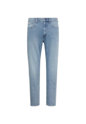 Hellblaue Jeans mit geradem Bein, Knopf- und Reißverschluss, Gürtelschlaufen sowie Vorder- und Gesäßtaschen.