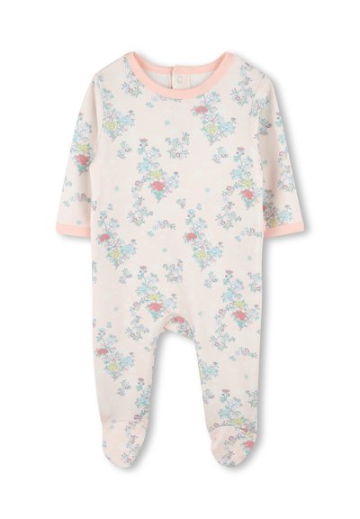 Un body pour bébé à motifs floraux, à manches longues, fabriqué en tissu doux. Présente une couleur rose pâle avec des bords contrastants. Fermeture pressionnée au dos.