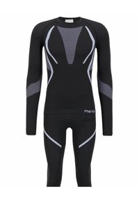 Schwarzes Langarmoberteil und Leggings-Set mit grauen Akzenten. Verfügt über ein figurbetontes Design, strukturierten Stoff und unverwechselbare Musterung an Ärmeln und Beinen.