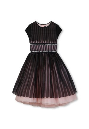 Robe à manches courtes rayée noir et rose avec superposition jupe en tulle et bandes avec logo Karl Lagerfeld à la taille sur fond blanc.