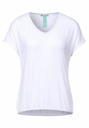 Weißes kurzärmeliges V-Ausschnitt-T-Shirt mit lockerem Schnitt, elastischem Saum und Markenlabel innen am Kragen.