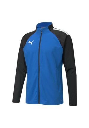 Blauwe en zwarte zip-up jacket met een hoge kraag, lange mouwen en zijzakken. Bevat een wit logo en contrasterende kleurpanelen. Zachte stof.
