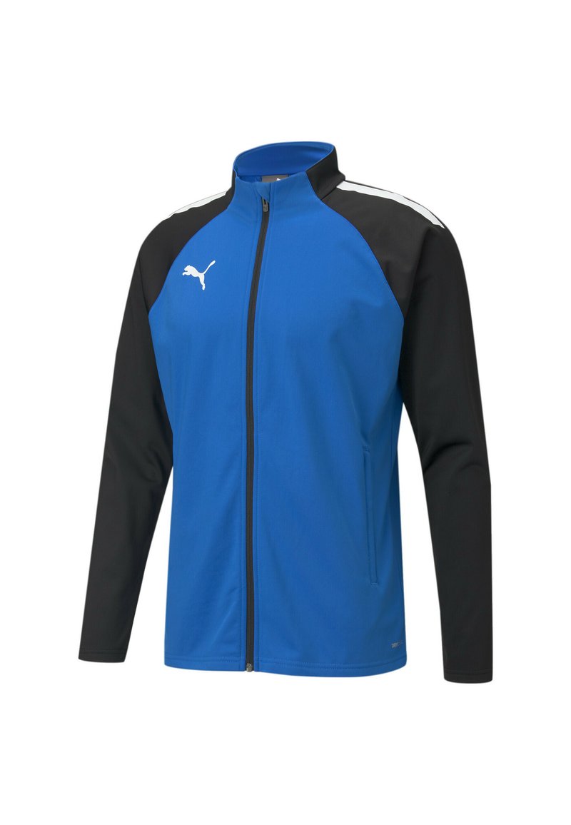 Giacca zip-up blu e nera con colletto alto, maniche lunghe e tasche laterali. Presenta un logo bianco e pannelli di colore a contrasto. Tessuto morbido.