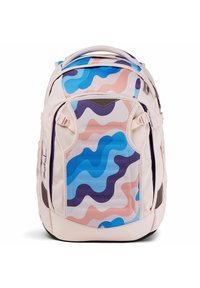 Backpack with a light pink body featuring a wavy pattern in blue, purple, and peach. Includes hardware accents and padded straps.
