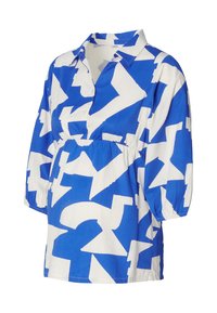 Lichtblauwe blouse met een wit patroon, kraag, knoopsluiting aan de voorkant, elastische taille en driekwart mouwen. Gemaakt van lichtgewicht stof.