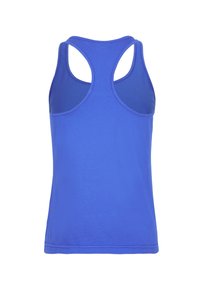 Niebieski sportowy tank top bez rękawów, z okrągłym dekoltem, tyłem typu racerback, gładką fakturą i równym przeszyciem na całej powierzchni.