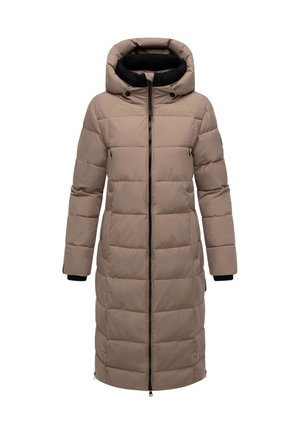 Piumino lungo beige con cappuccio, dotato di zip frontale, texture trapuntata, fodera interna nera e polsini elasticizzati. Adatto per il freddo.