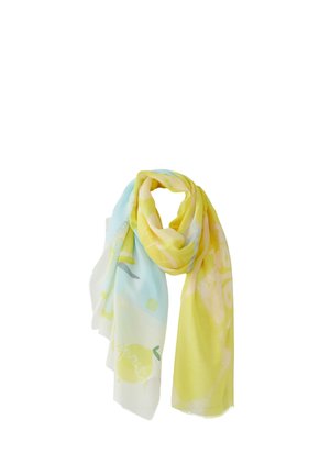 Schal in pastellgelb und blau mit Zitronen- und abstrakten Mustern, locker auf einem weißen Hintergrund drapiert.