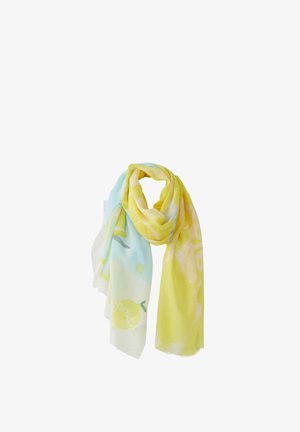 Scarf with pastel yellow and blue colors, featuring lemon and abstract patterns, displayed loosely draped on a white background.