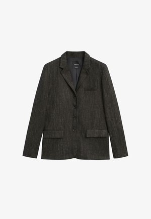 Dunkelgrauer Blazer aus strukturiertem Stoff, mit Reverskragen, einer Brusttasche und zwei aufgesetzten Taschen vorne, mit Knopfverschluss.